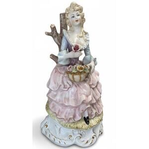 RARE Capodimonte Rococo lady figurine, 21", MINT. Exquisite floral basket 1920s